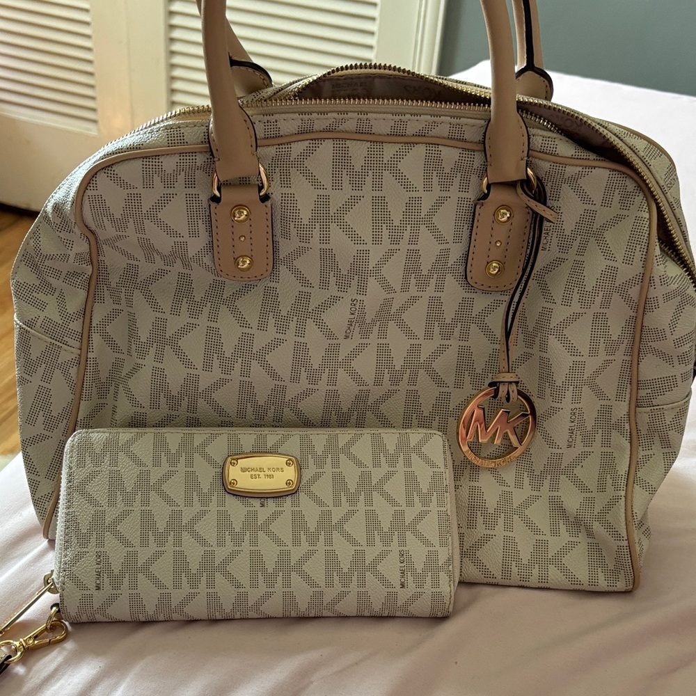 Michael Kors Gray Monogram Satchel and Wallet Set
